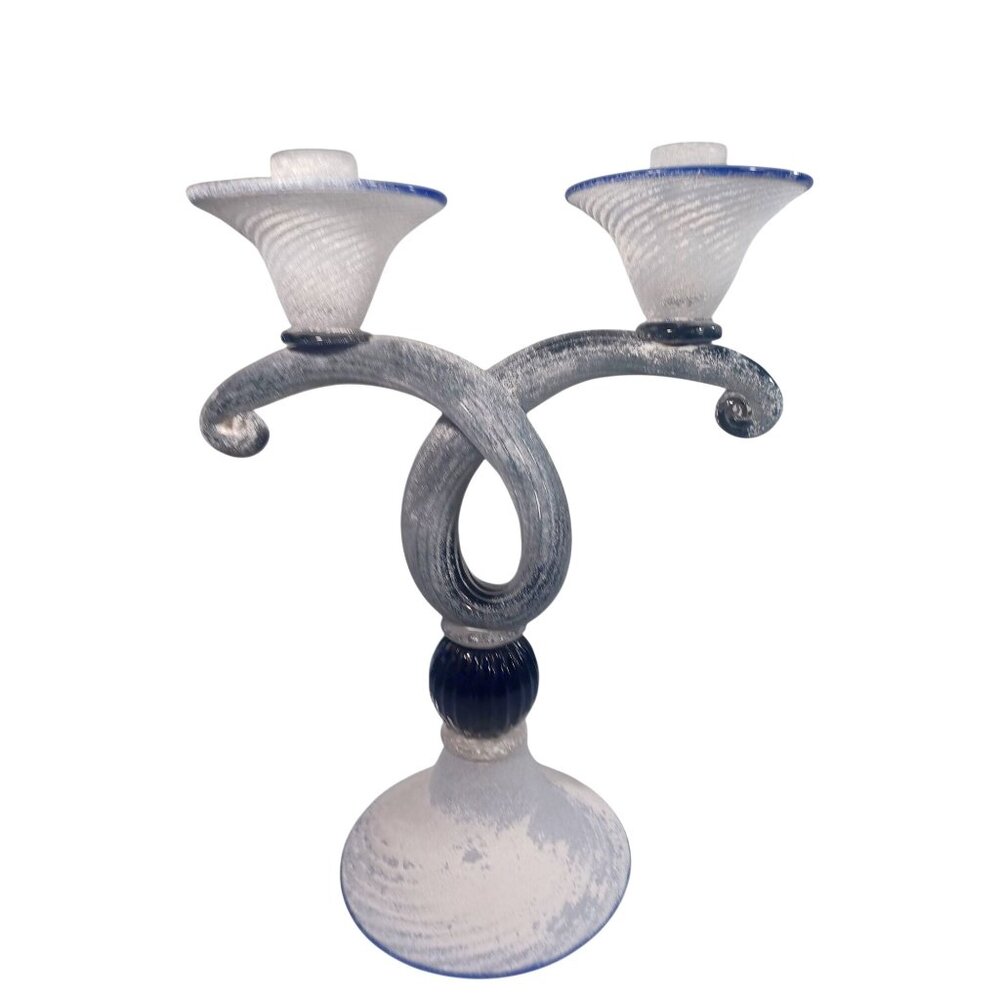 Murano Attrib Barbini Scavo Blown Art Glass 2-Arm Candelabra Cobalt Blue White